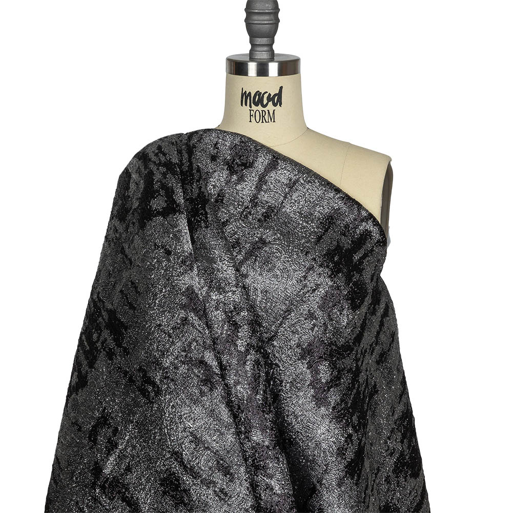 Metallic Silver and Black Abstract Luxury Plisse Brocade Drape