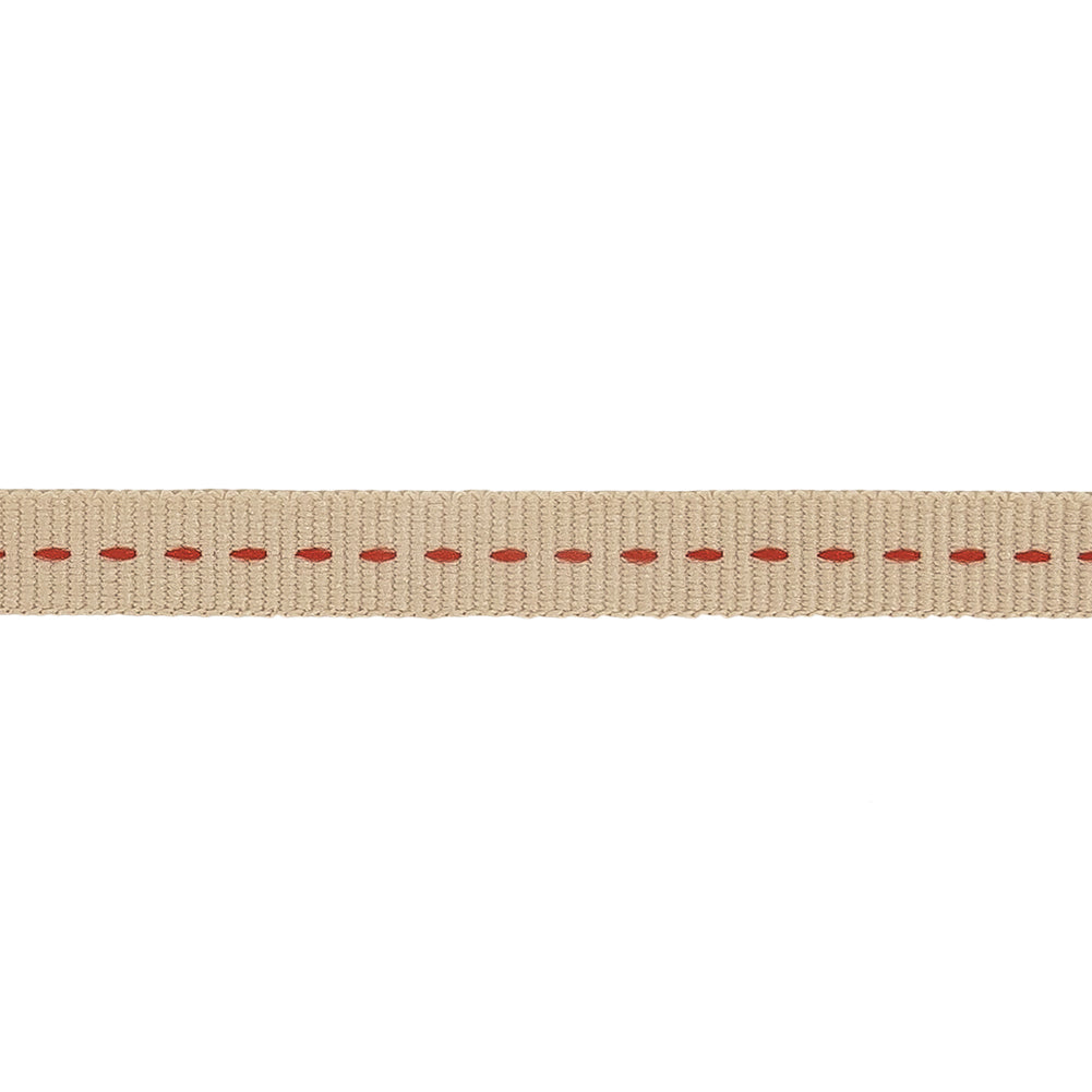 Tan Grosgrain Ribbon with Red Stitching Detail - 0.375" Detail