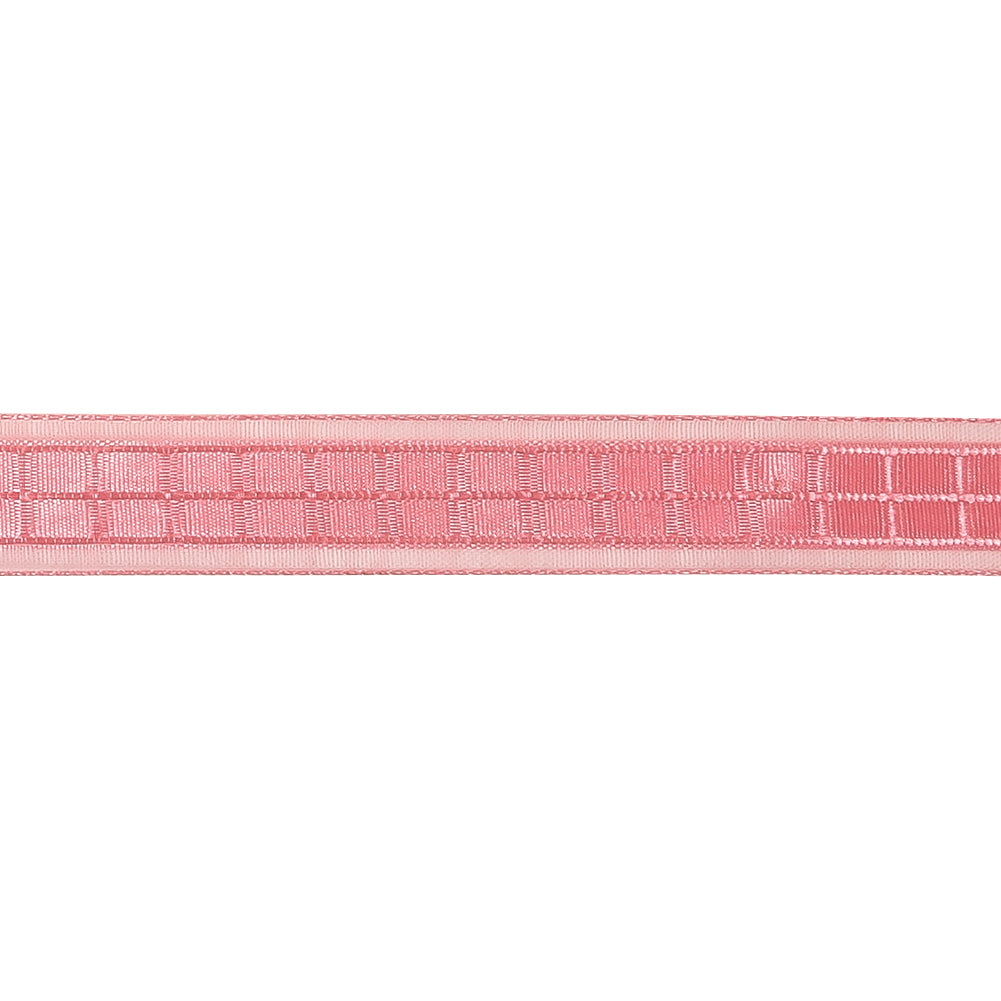 Bubblegum Pink Windowpane Checks and Sheer Borders Woven Ribbon - 0.625" Detail