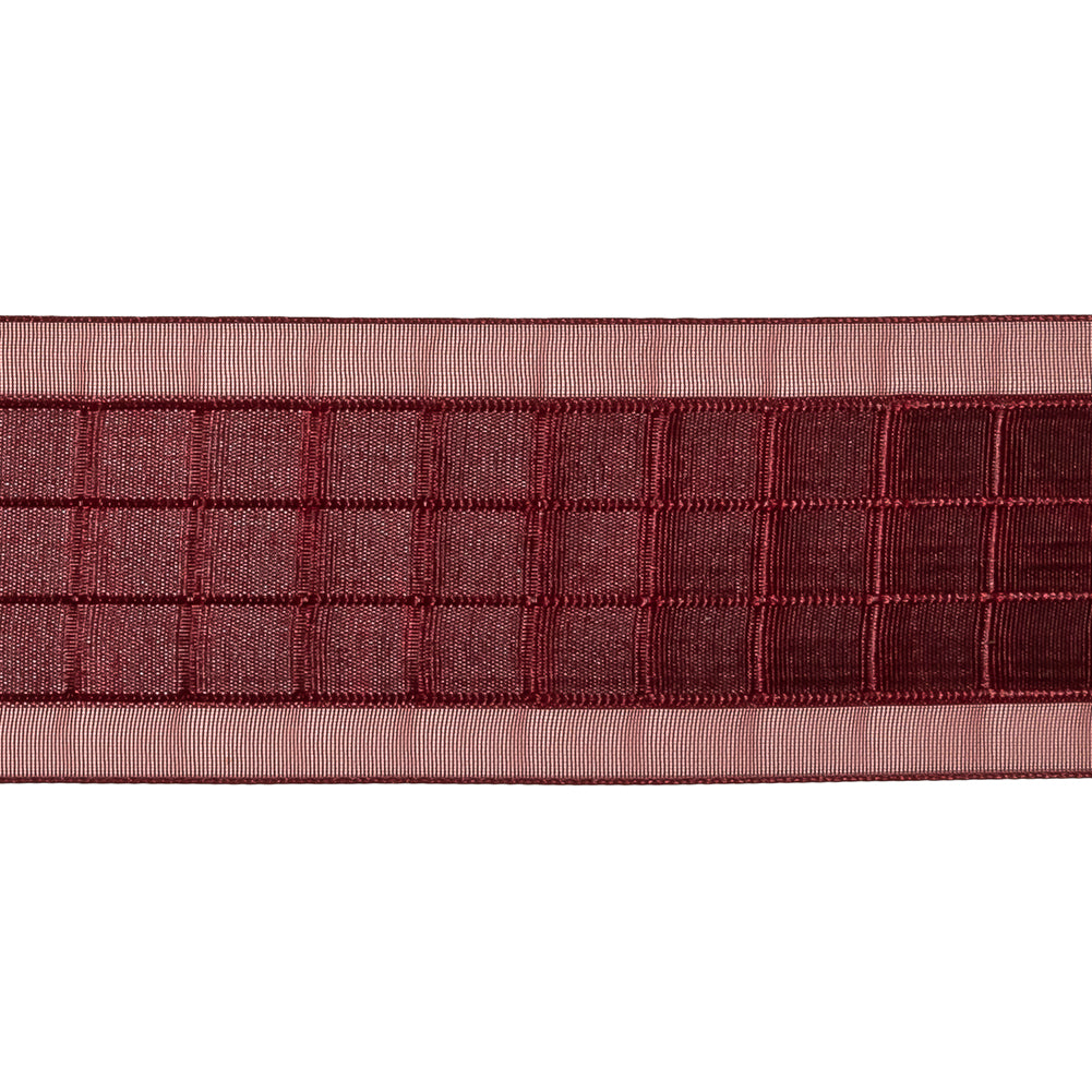 Wine Red Windowpane Checks and Sheer Borders Woven Ribbon - 1.5" Detail