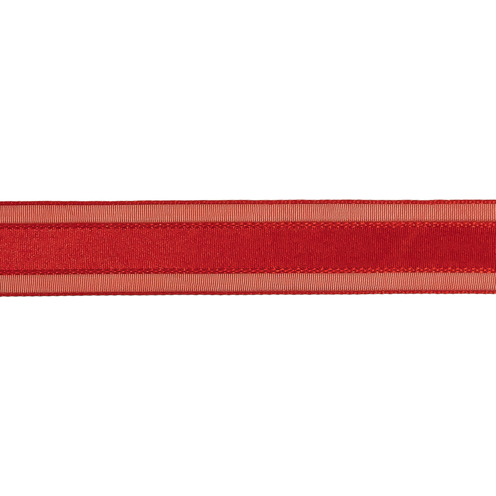 Red Woven Ribbon with Sheer Organza Borders - 0.75" Detail