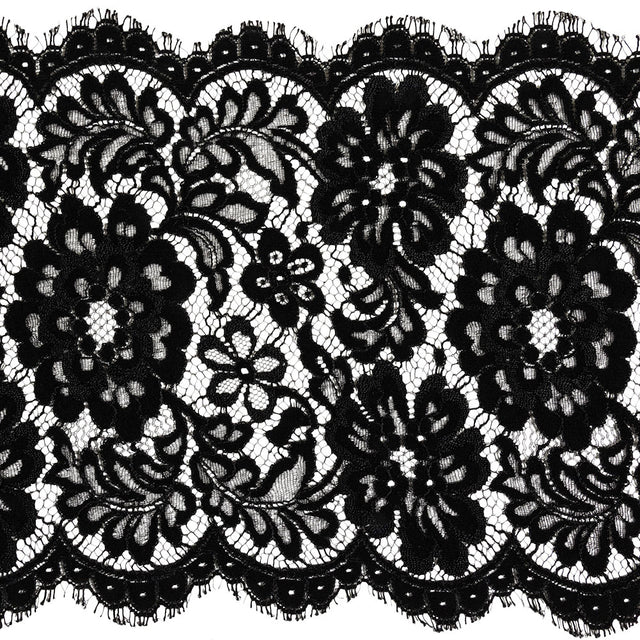 Black Floral Scalloped Lace Trim with Eyelash Fringe - 9.5"