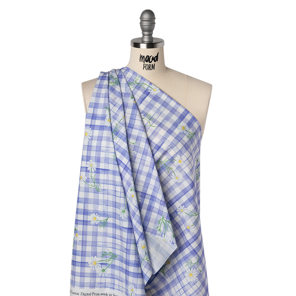 Cotton Poplin Print - Iolite Purple Gingham and Floral - Mood Exclusive Daisy Chain Drape