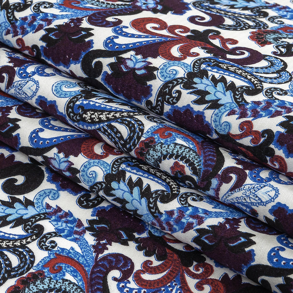 Raspberry, Blue and Snow White Paisley Cotton Sateen Folded