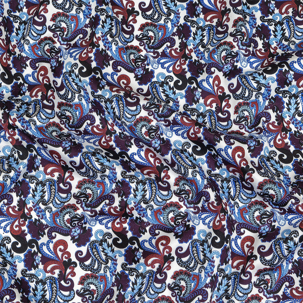Raspberry, Blue and Snow White Paisley Cotton Sateen