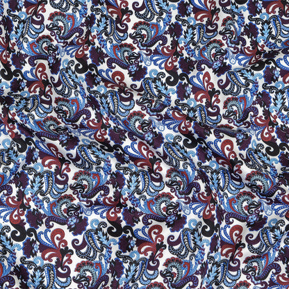 Raspberry, Blue and Snow White Paisley Cotton Sateen