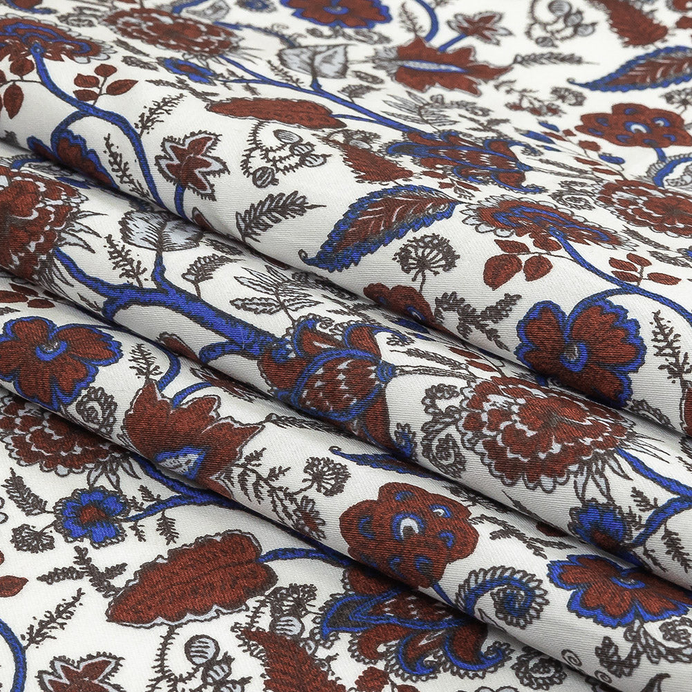 Earth Red, Bright Cobalt and Vapor Blue Floral Stems Cotton Sateen Folded