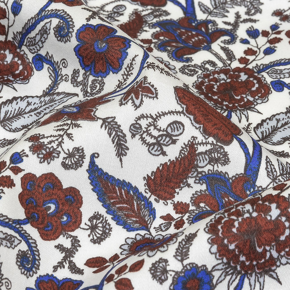 Earth Red, Bright Cobalt and Vapor Blue Floral Stems Cotton Sateen Detail