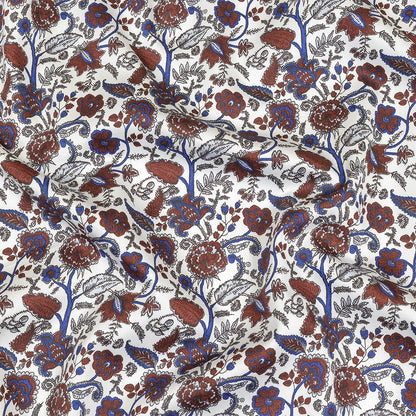 Earth Red, Bright Cobalt and Vapor Blue Floral Stems Cotton Sateen