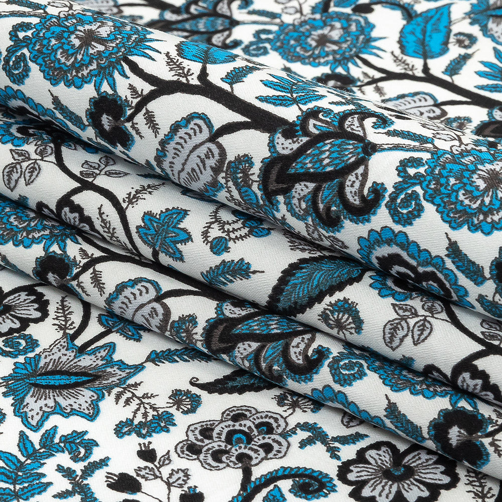 Vapor Blue, Tap Shoe and Snow White Floral Stems Cotton Sateen Folded