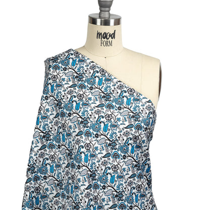 Vapor Blue, Tap Shoe and Snow White Floral Stems Cotton Sateen Drape