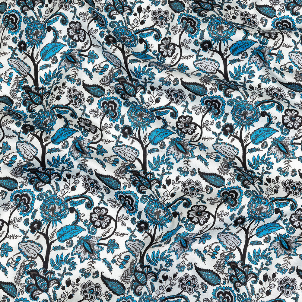 Vapor Blue, Tap Shoe and Snow White Floral Stems Cotton Sateen