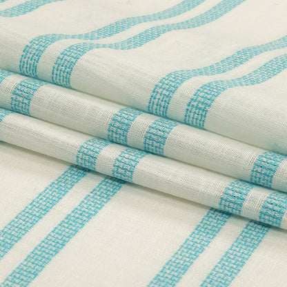 Turquoise and White Textural Striped Slubbed Cotton Woven Folded