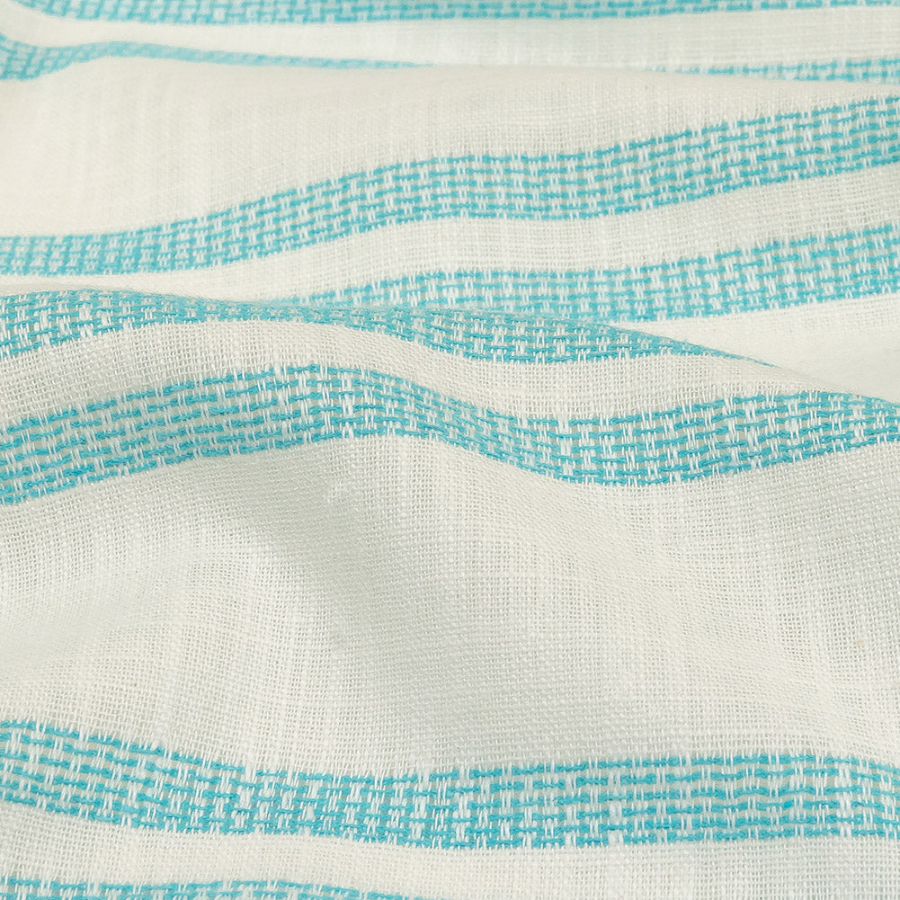 Turquoise and White Textural Striped Slubbed Cotton Woven Detail