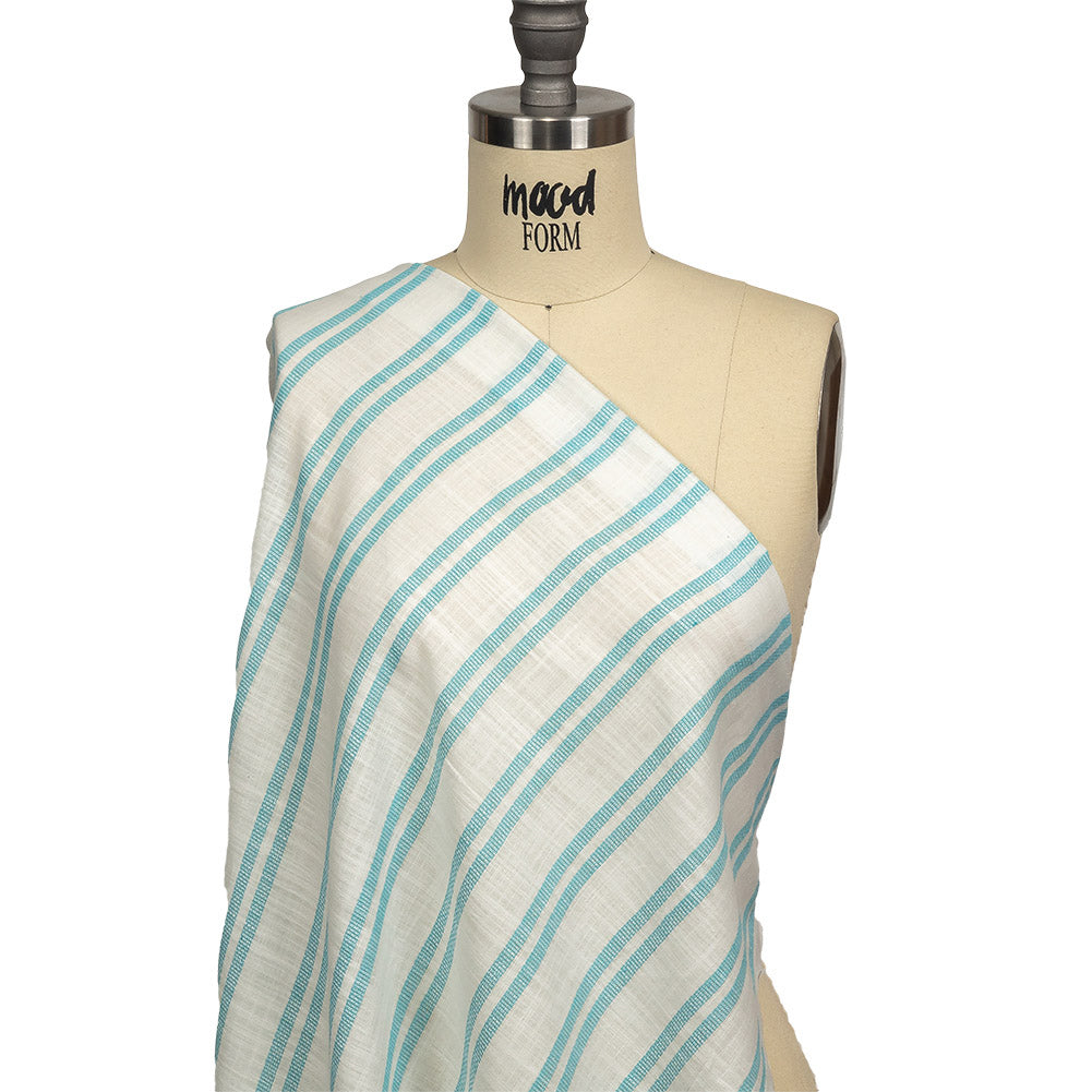 Turquoise and White Textural Striped Slubbed Cotton Woven Drape