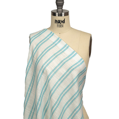 Turquoise and White Textural Striped Slubbed Cotton Woven Drape