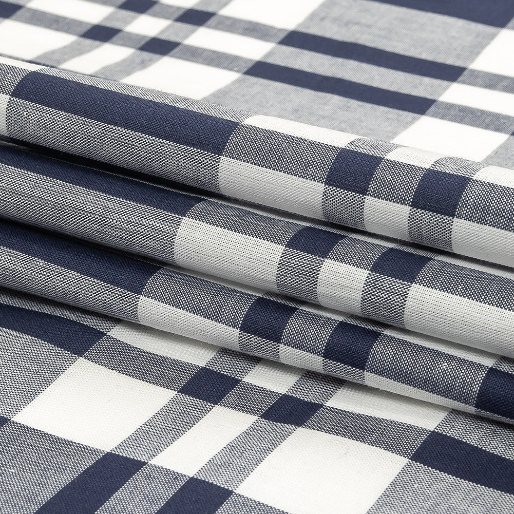 Navy and White Plaid Cotton Shirting Folded
