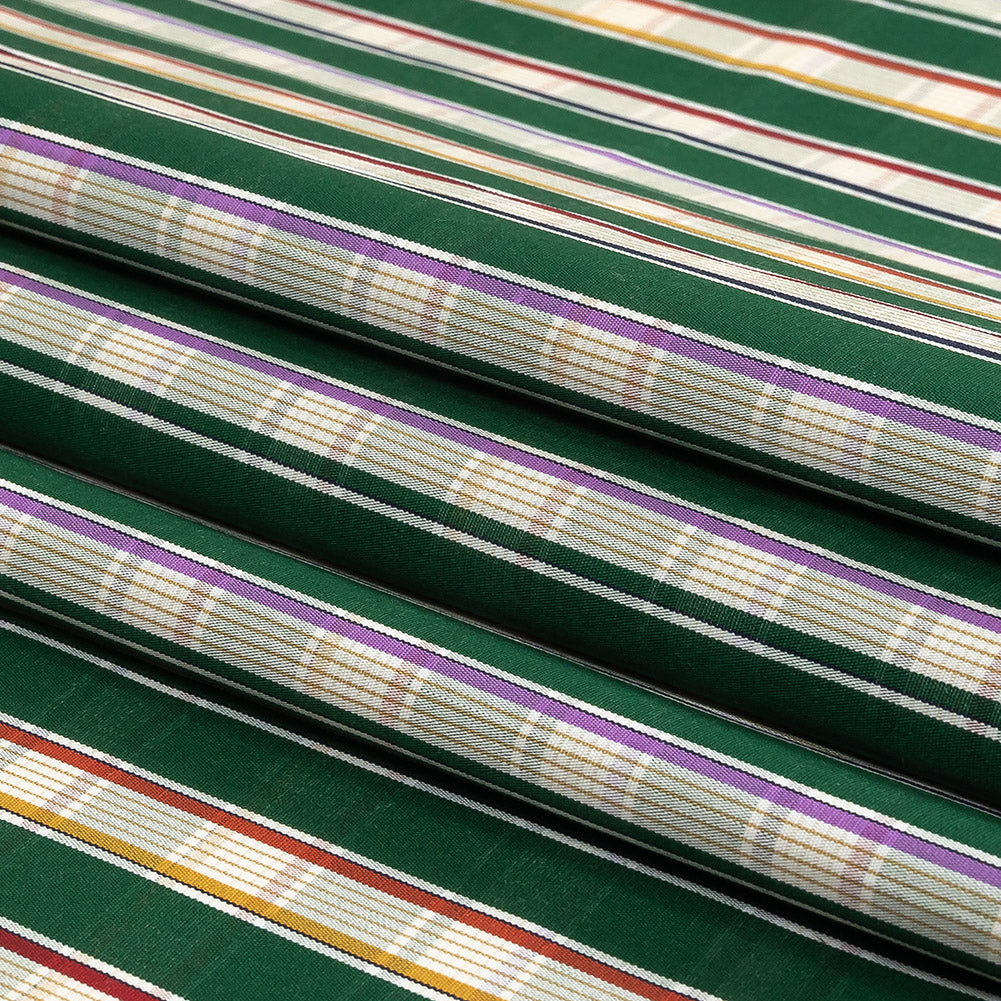 Green, Purple and Yellow Subtle Plaid Stripes Cotton Shirting Folded