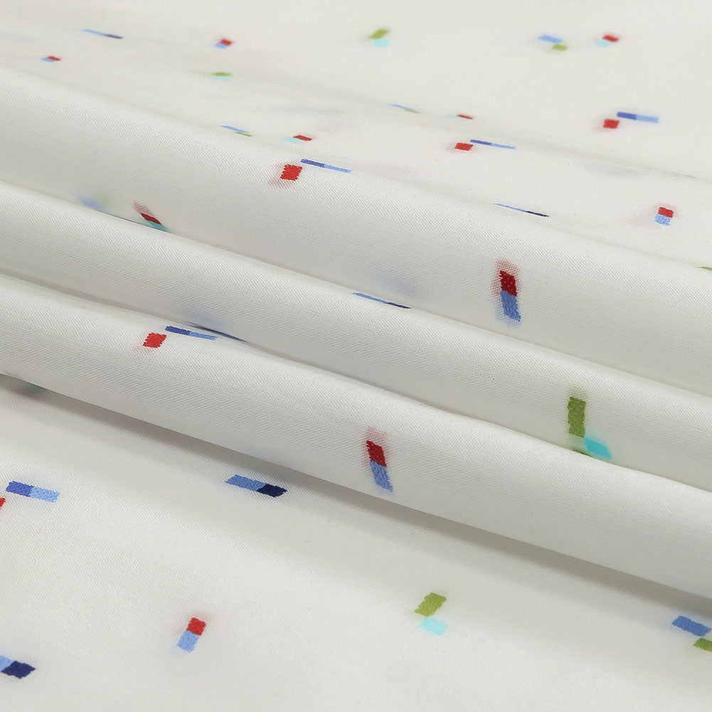 White, Blue and Lime Tossed Rectangles Cotton Jacquard Shirting Folded