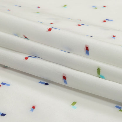 White, Blue and Lime Tossed Rectangles Cotton Jacquard Shirting Folded