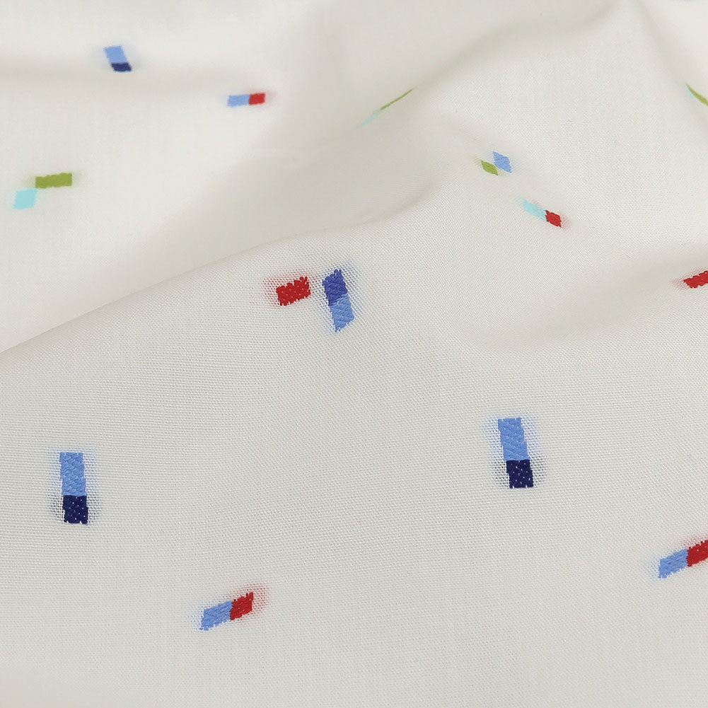 White, Blue and Lime Tossed Rectangles Cotton Jacquard Shirting Detail