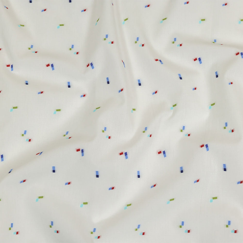 White, Blue and Lime Tossed Rectangles Cotton Jacquard Shirting