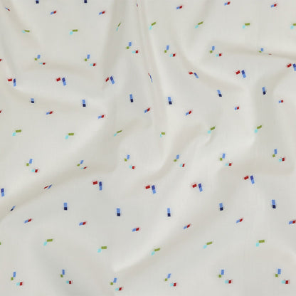 White, Blue and Lime Tossed Rectangles Cotton Jacquard Shirting