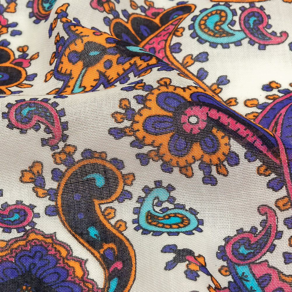 Gauzy Cotton Voile - White, Orange Pepper and Turquoise Paisley - Deadstock Detail