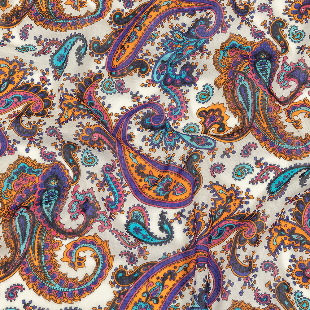 Gauzy Cotton Voile - White, Orange Pepper and Turquoise Paisley - Deadstock