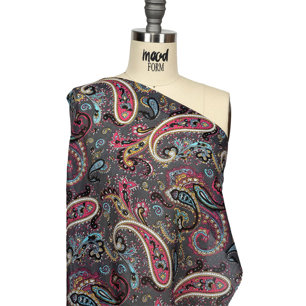Gauzy Cotton Voile - Charcoal, Hot Pink and Gold Paisley - Deadstock Drape