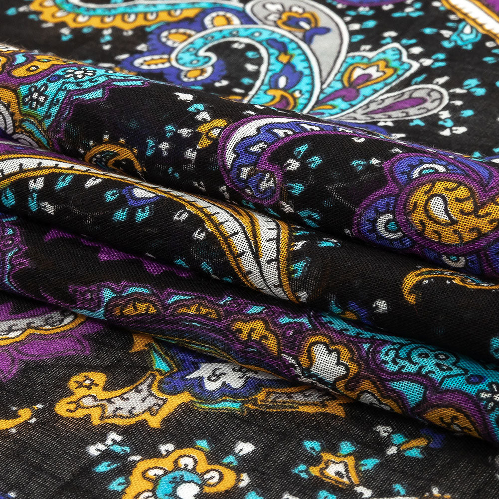 Gauzy Cotton Voile - Black, Spiced Plum and Turquoise Paisley - Deadstock Folded