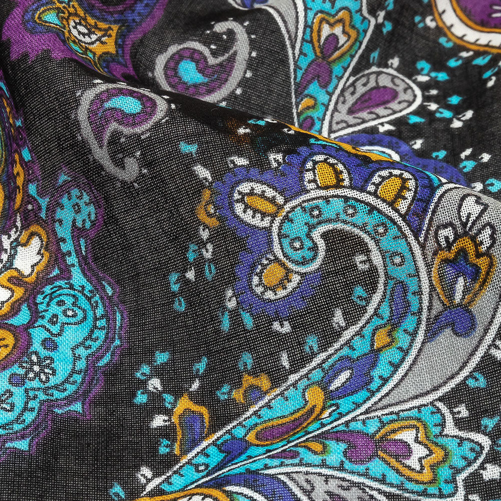 Gauzy Cotton Voile - Black, Spiced Plum and Turquoise Paisley - Deadstock Detail