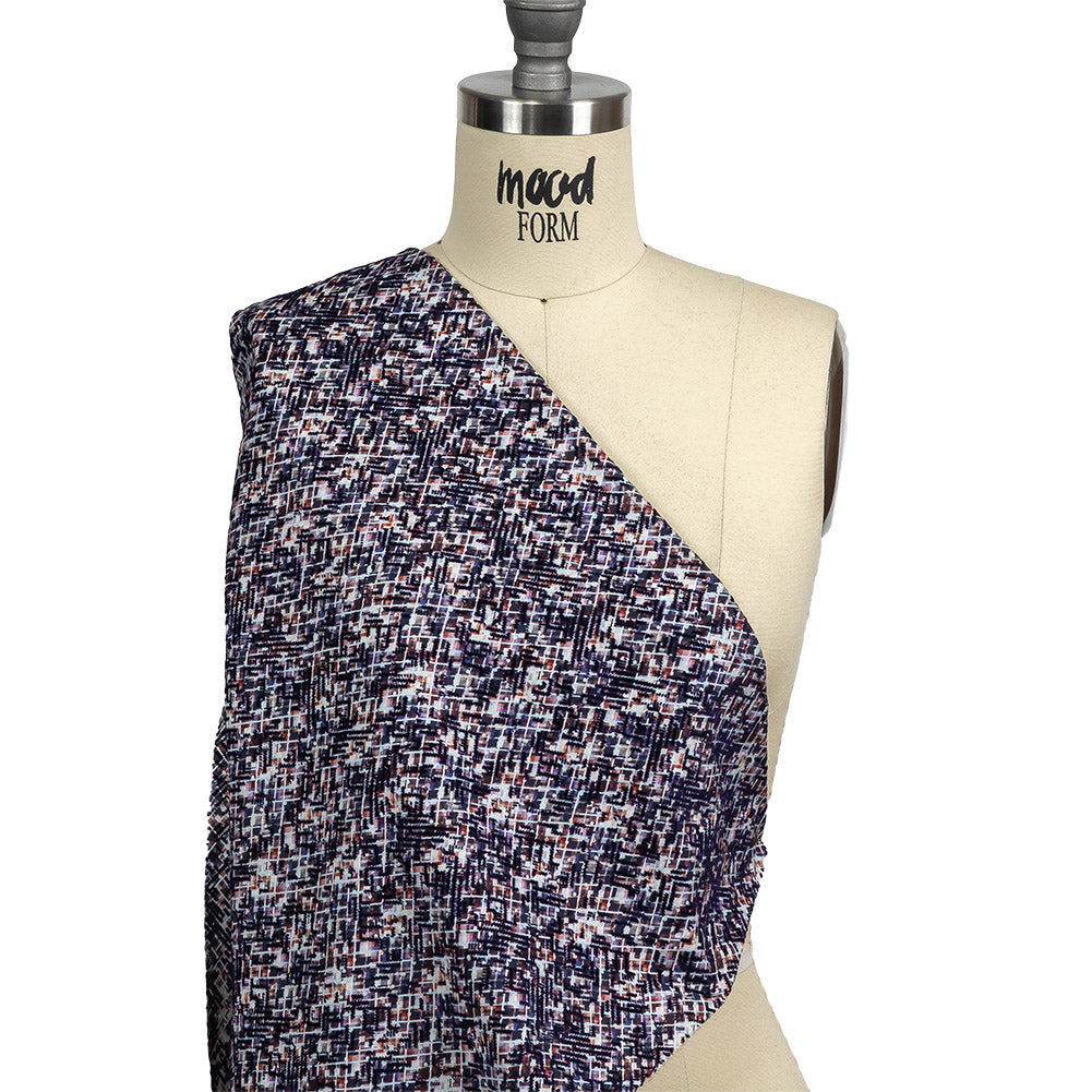 Evening Blue Geometric Flocking on Crushed Berry, Steel and White Abstract Printed Cotton Shirting Drape