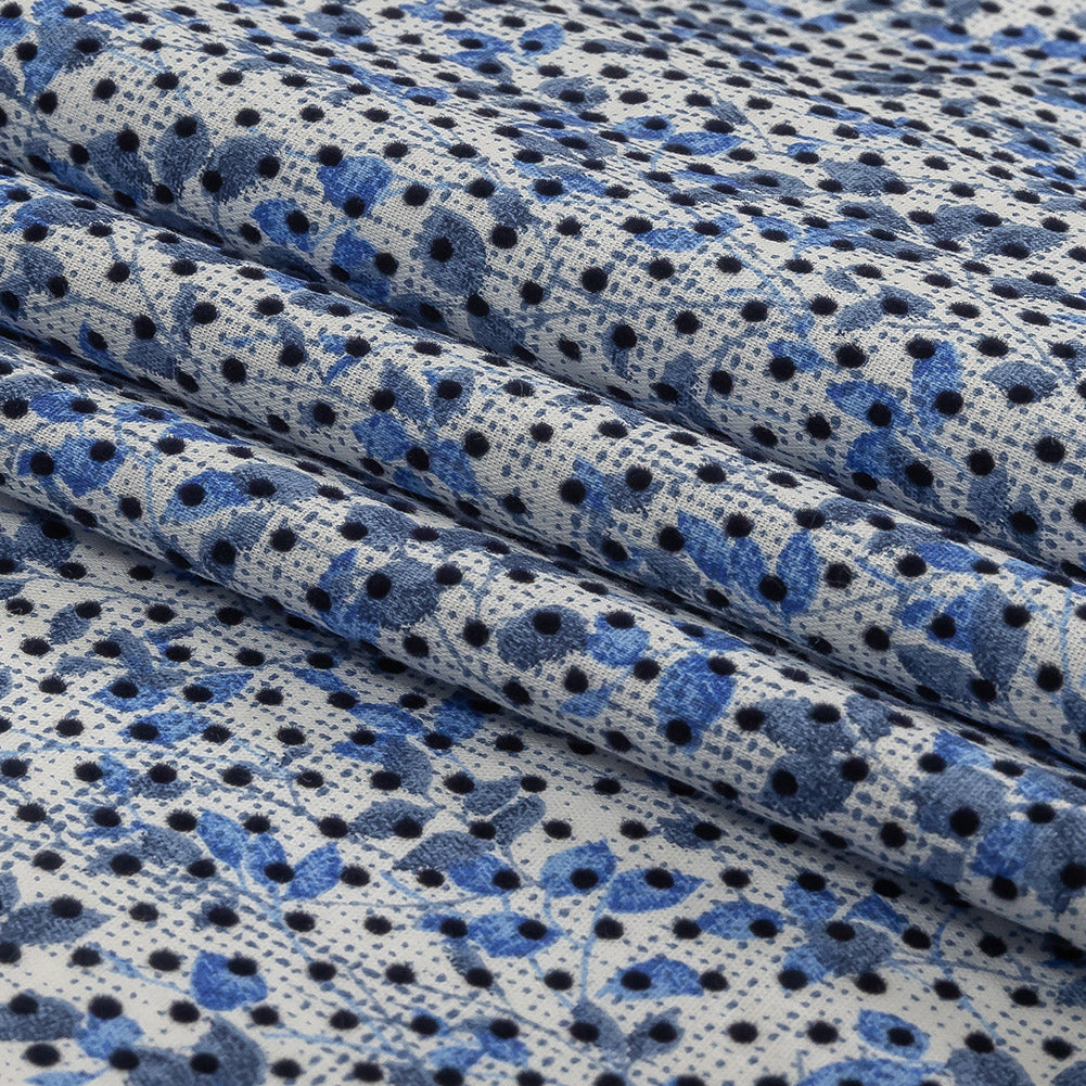 Black Flocked Polka Dots on Blue and White Leaves and Dots Stretch Cotton Shirting Folded