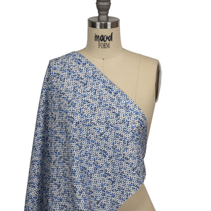 Black Flocked Polka Dots on Blue and White Leaves and Dots Stretch Cotton Shirting Drape