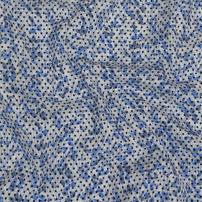 Black Flocked Polka Dots on Blue and White Leaves and Dots Stretch Cotton Shirting
