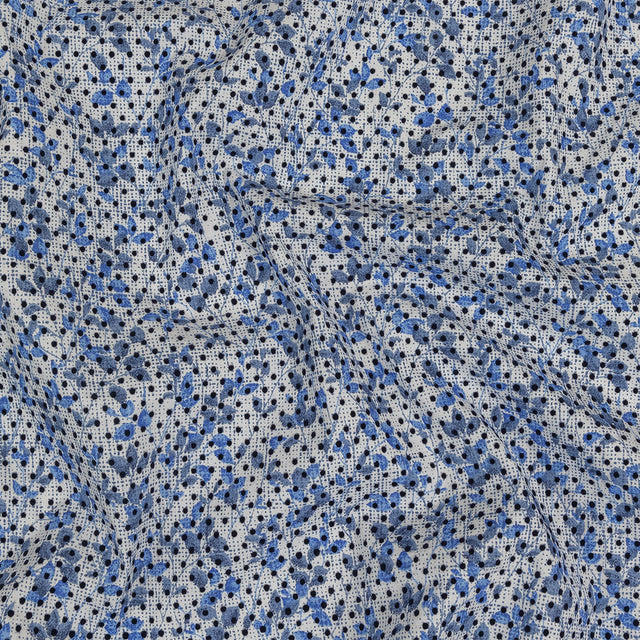 Black Flocked Polka Dots on Blue and White Leaves and Dots Stretch Cotton Shirting