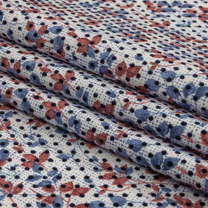 Black Flocked Polka Dots on Red, White and Blue Leaves and Dots Stretch Cotton Shirting Folded