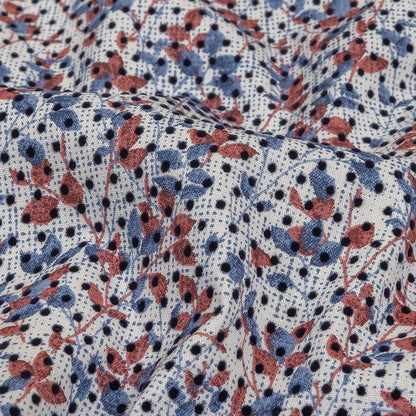 Black Flocked Polka Dots on Red, White and Blue Leaves and Dots Stretch Cotton Shirting Detail