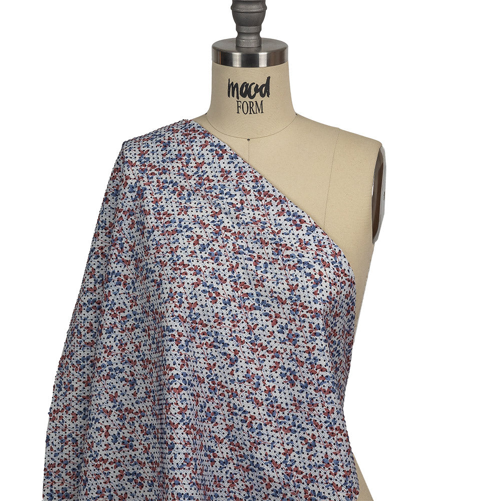 Black Flocked Polka Dots on Red, White and Blue Leaves and Dots Stretch Cotton Shirting Drape
