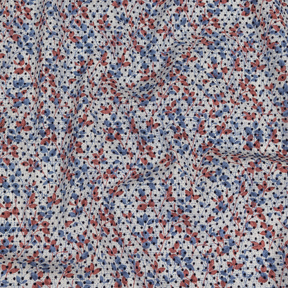 Black Flocked Polka Dots on Red, White and Blue Leaves and Dots Stretch Cotton Shirting