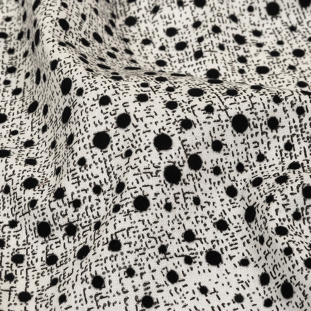 Black Flocked Polka Dots on Gray and White Abstract Stretch Cotton Shirting Detail