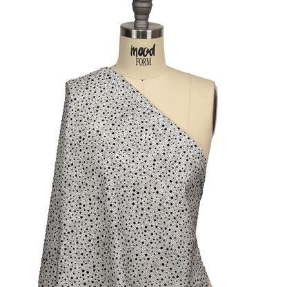 Black Flocked Polka Dots on Gray and White Abstract Stretch Cotton Shirting Drape