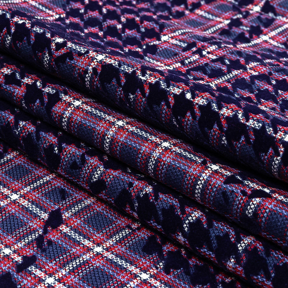 Navy, Red and Estate Blue Negative Space Florals in Flocked Houndstooth on Plaid Rustic Cotton and Polyester Woven Folded