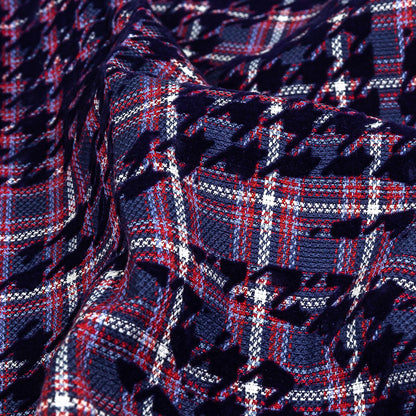 Navy, Red and Estate Blue Negative Space Florals in Flocked Houndstooth on Plaid Rustic Cotton and Polyester Woven Detail