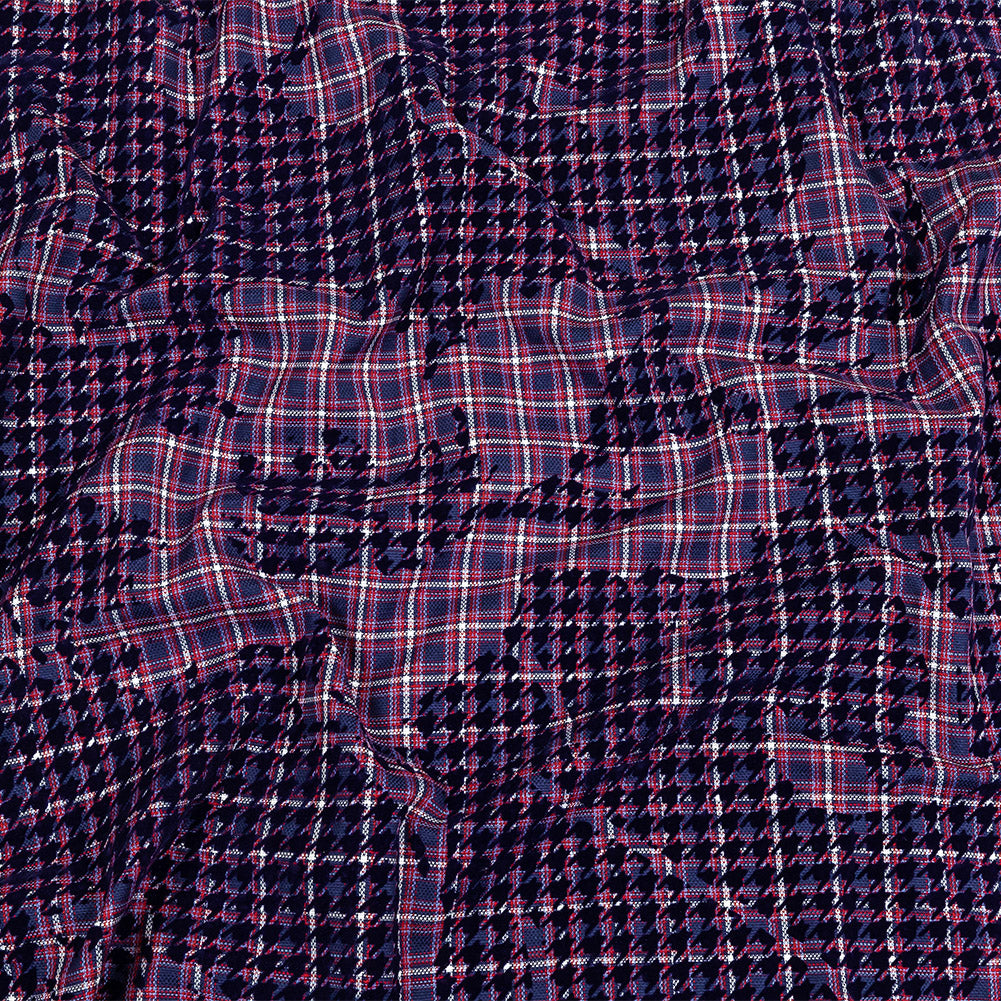 Navy, Red and Estate Blue Negative Space Florals in Flocked Houndstooth on Plaid Rustic Cotton and Polyester Woven