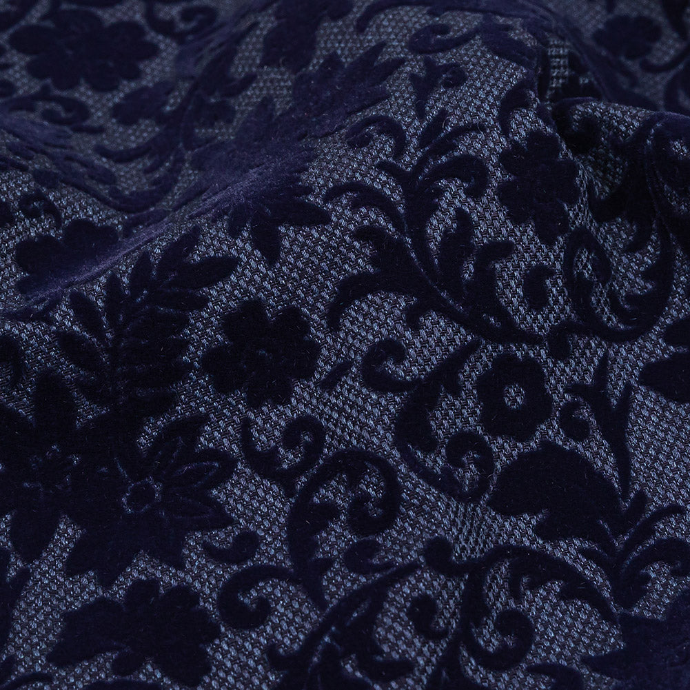 Navy Flocked Classical Florals on Diamond Cotton and Polyester Dobby Detail