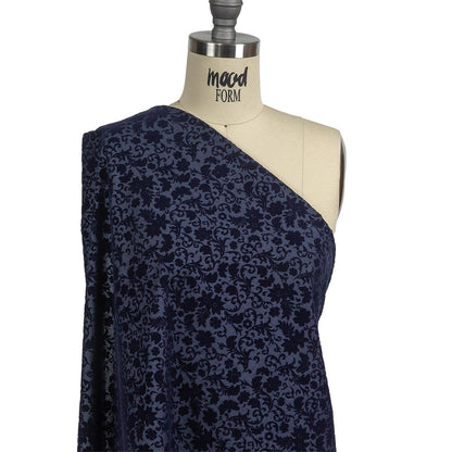 Navy Flocked Classical Florals on Diamond Cotton and Polyester Dobby Drape