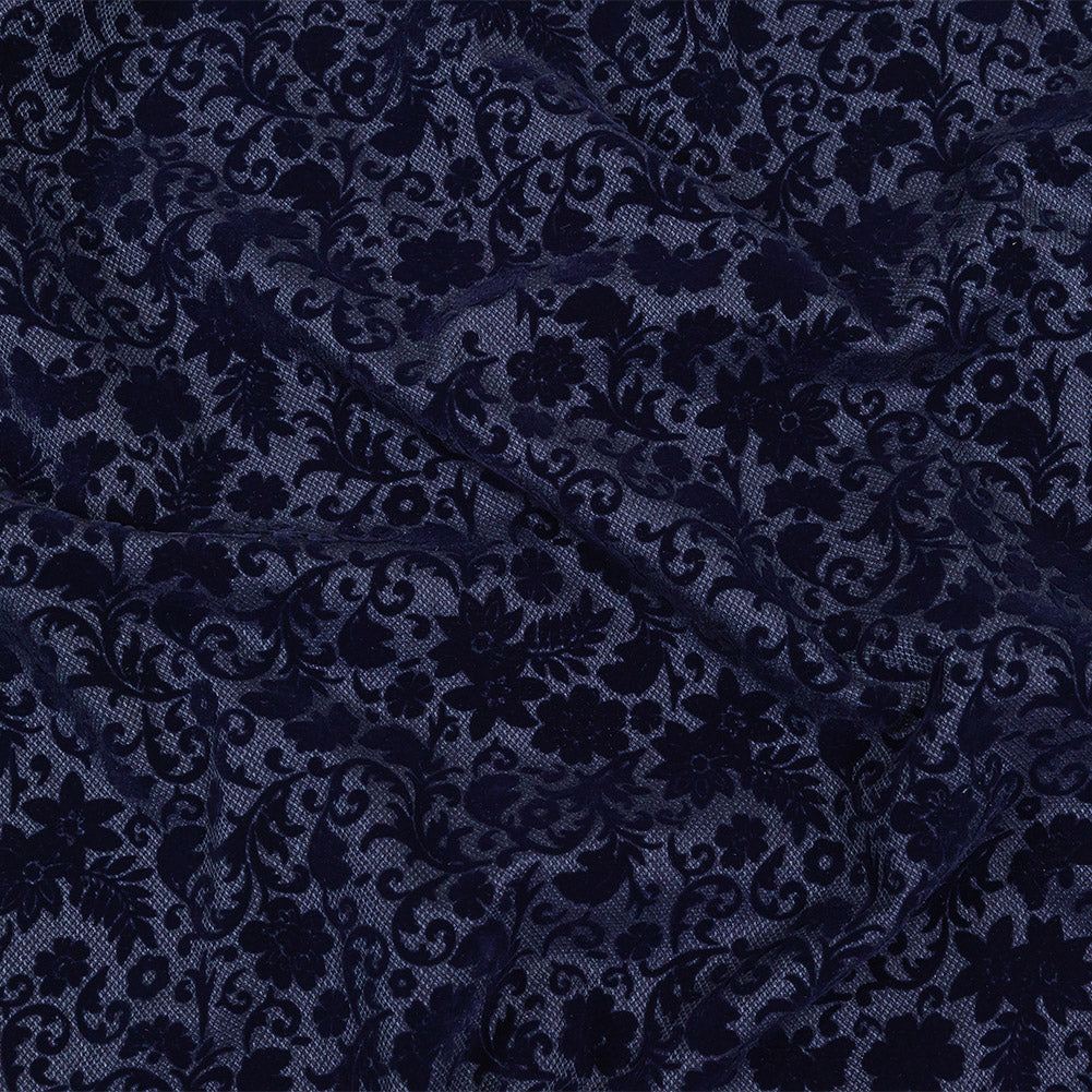 Navy Flocked Classical Florals on Diamond Cotton and Polyester Dobby