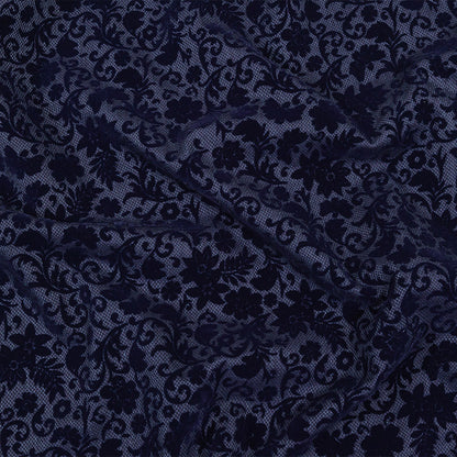 Navy Flocked Classical Florals on Diamond Cotton and Polyester Dobby